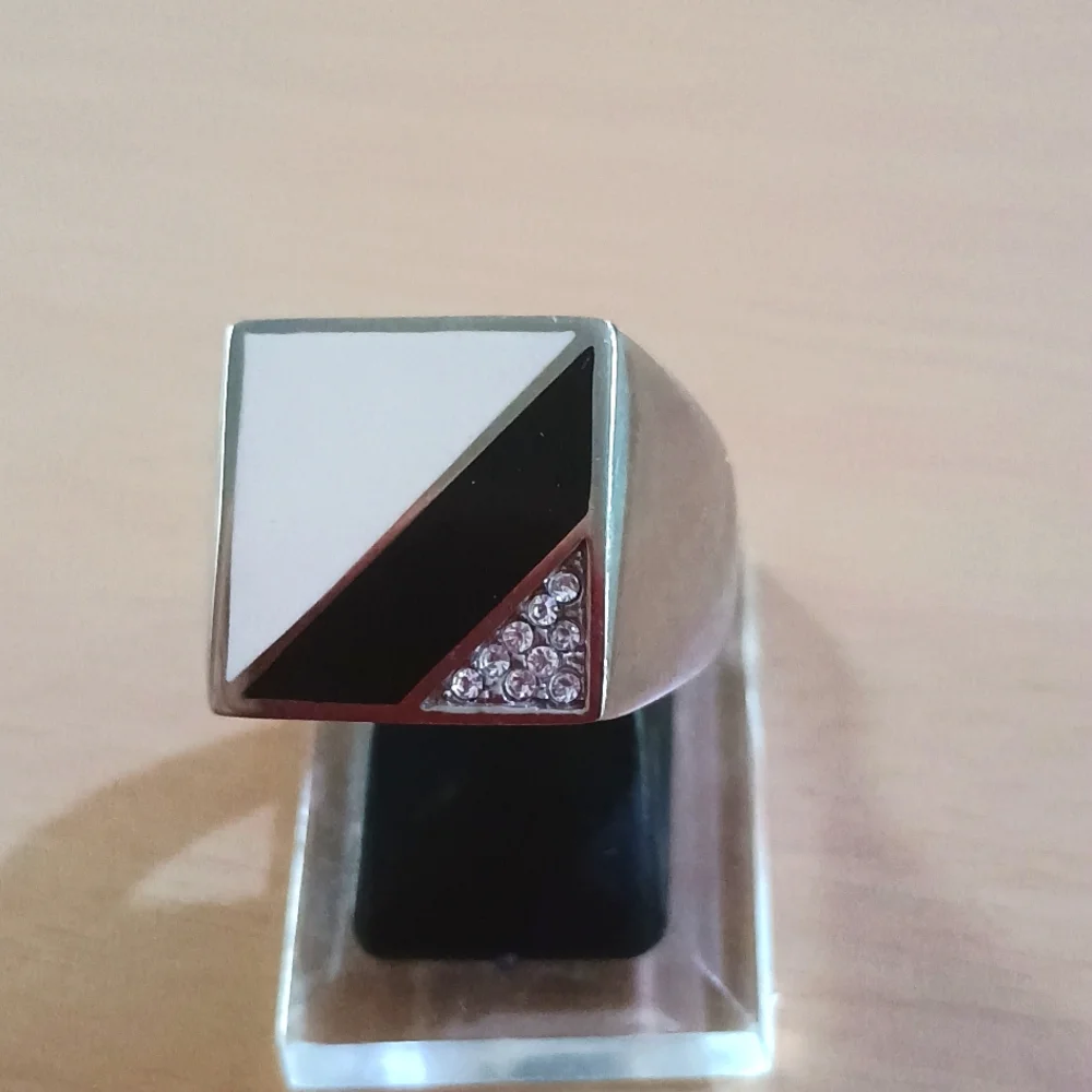 Men's Stainless Steel Black Enamel Cubic Zirconia Signet Ring Fine Jewelry - Picture 1 of 4